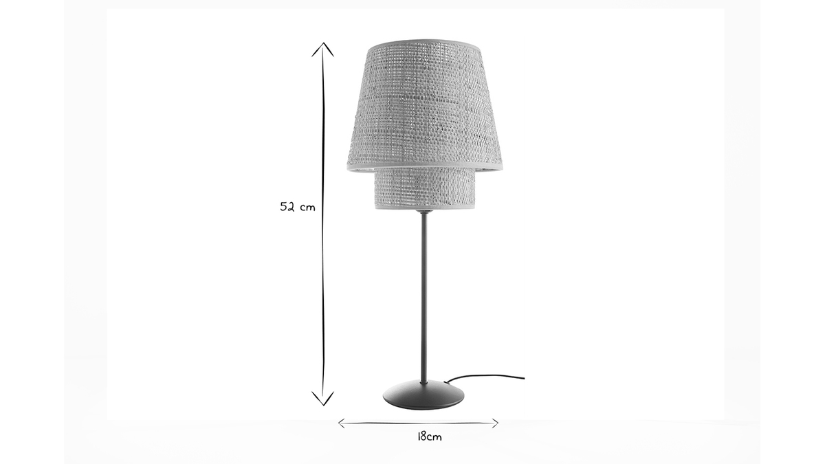 Lampada da tavolo design in fibra di rafia e metallo nero H52 cm JUME