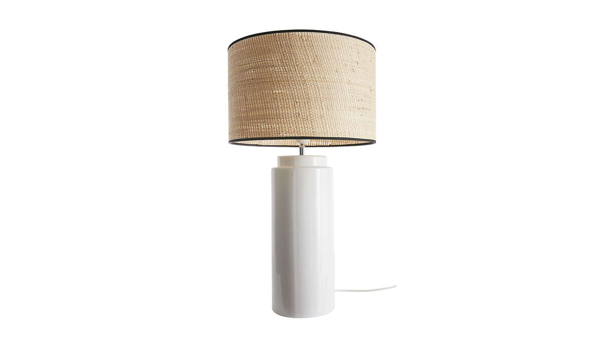Lampada da tavolo in ceramica smaltata bianco e paralume in rafia naturale H64 cm MAJES