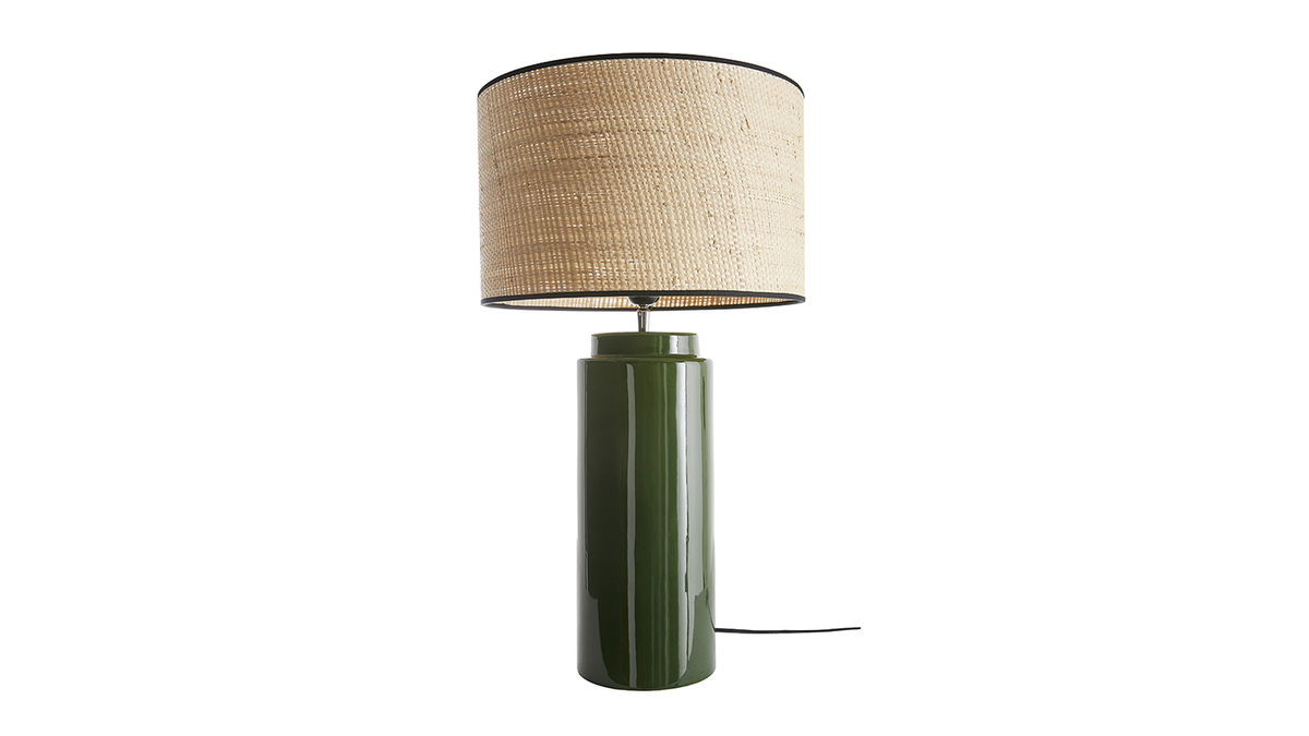 Lampada da tavolo in ceramica smaltata verde e paralume in rafia naturale H64 cm MAJES
