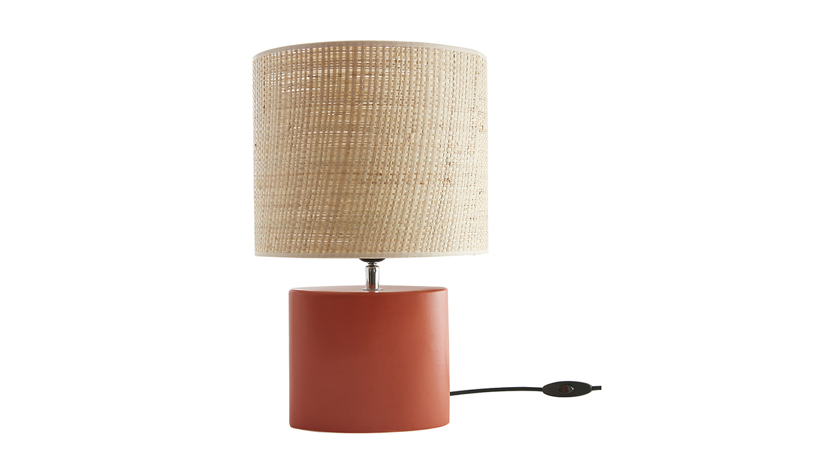 Lampada da tavolo in ceramica terracotta opaco e paralume in rafia naturale H40 m TIGA