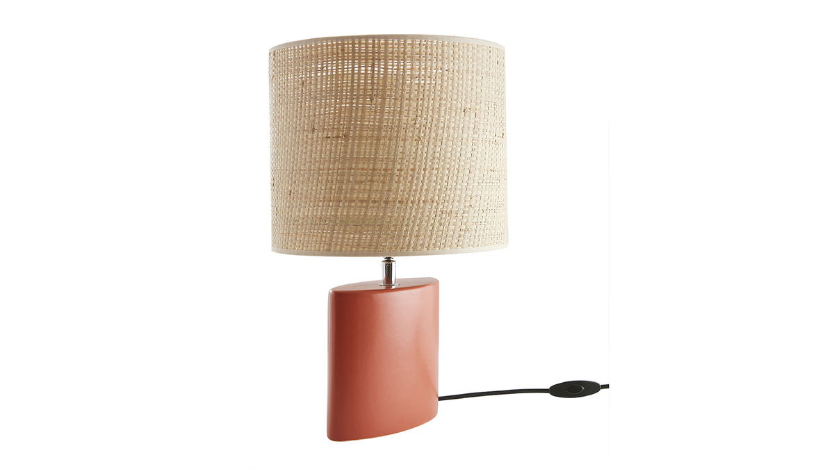 Lampada da tavolo in ceramica terracotta opaco e paralume in rafia naturale H40 m TIGA