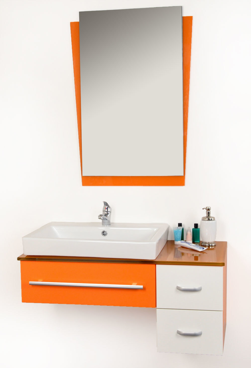 Mobili da bagno POP ARANCIONE : lavabo, mobile sottovasca e specchio