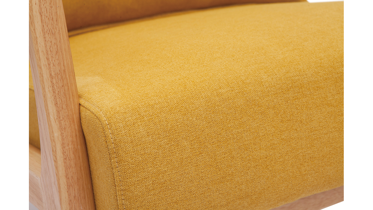Poltrona scandinava in tessuto effetto velluto giallo senape e legno massello chiaro DERRY