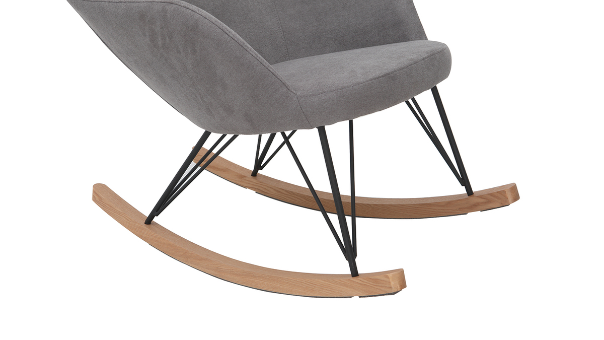 Poltrona - sedia a dondolo in tessuto grigio chiaro e piedi in metallo e legno JHENE