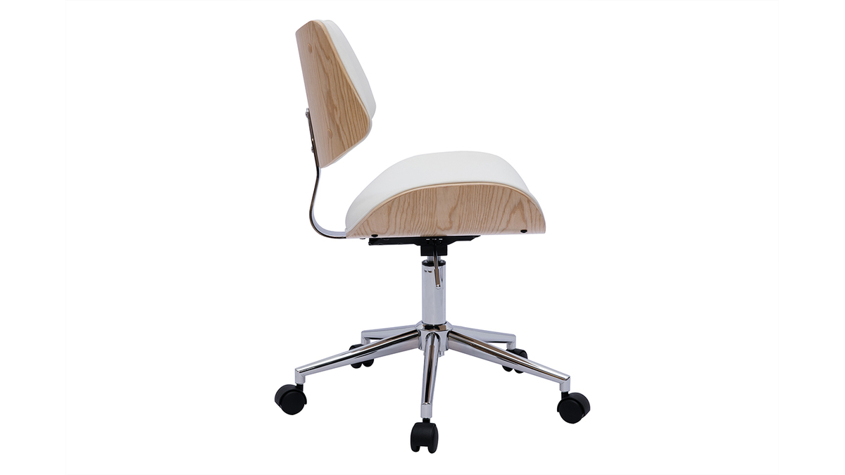 Sedia da ufficio con rotelle design bianco, legno chiaro rovere e metallo MALMO