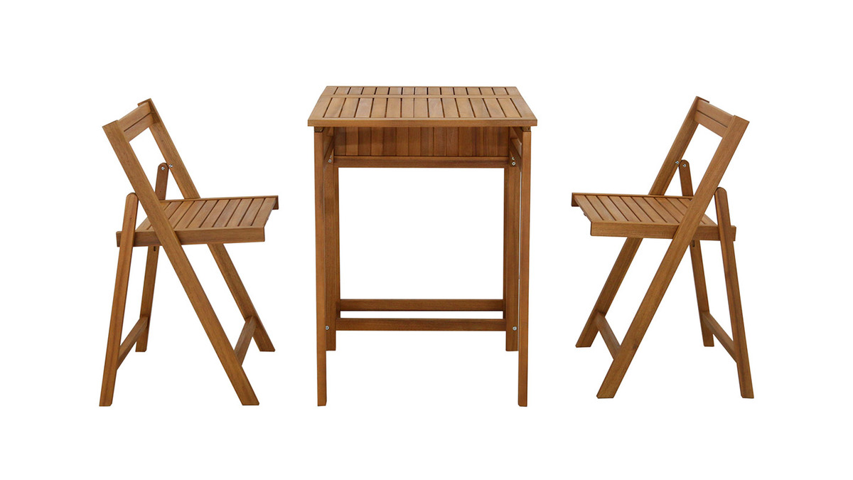 Set di 2 sedie pieghevoli e 1 tavolino da balcone pieghevole con contenitore in legno massello PRADO