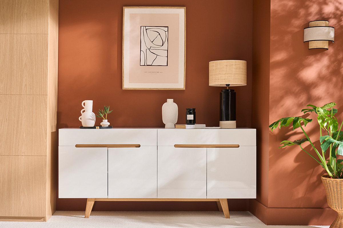 Applique a muro bi-materiale in fibra di rafia e lino H24 cm LITCHI