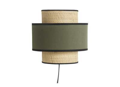 Applique a muro bi-materiale in fibra di rafia e lino verde kaki H24 cm LITCHI