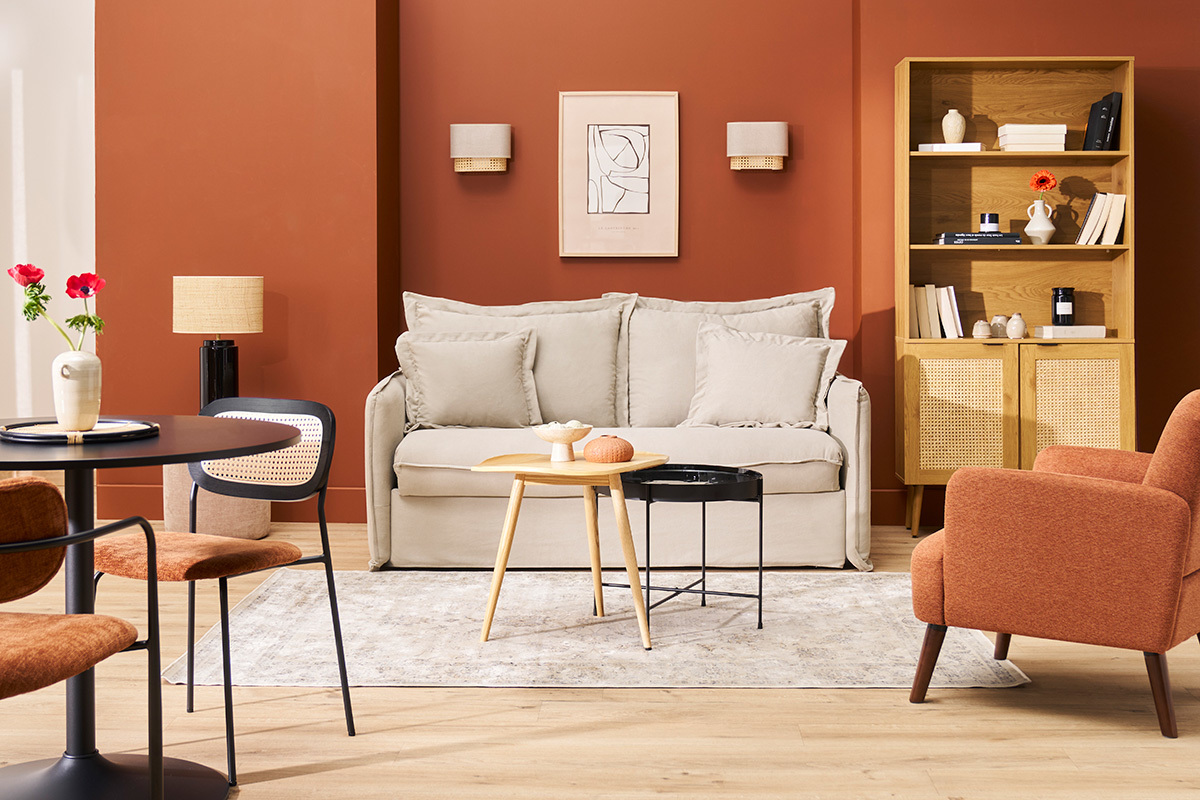 Applique a muro in lino beige e motivo a intreccio in rattan naturale H20 cm TIWY