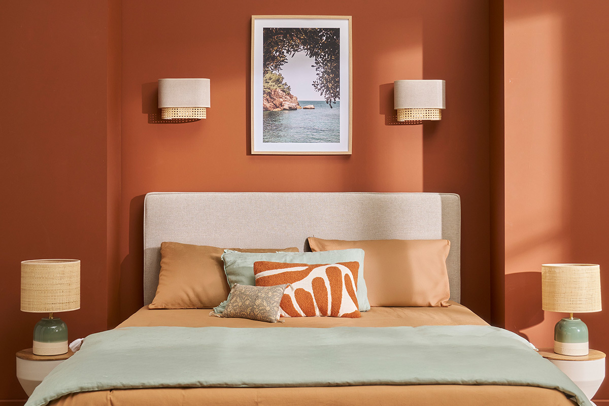Applique a muro in lino beige e motivo a intreccio in rattan naturale H20 cm TIWY