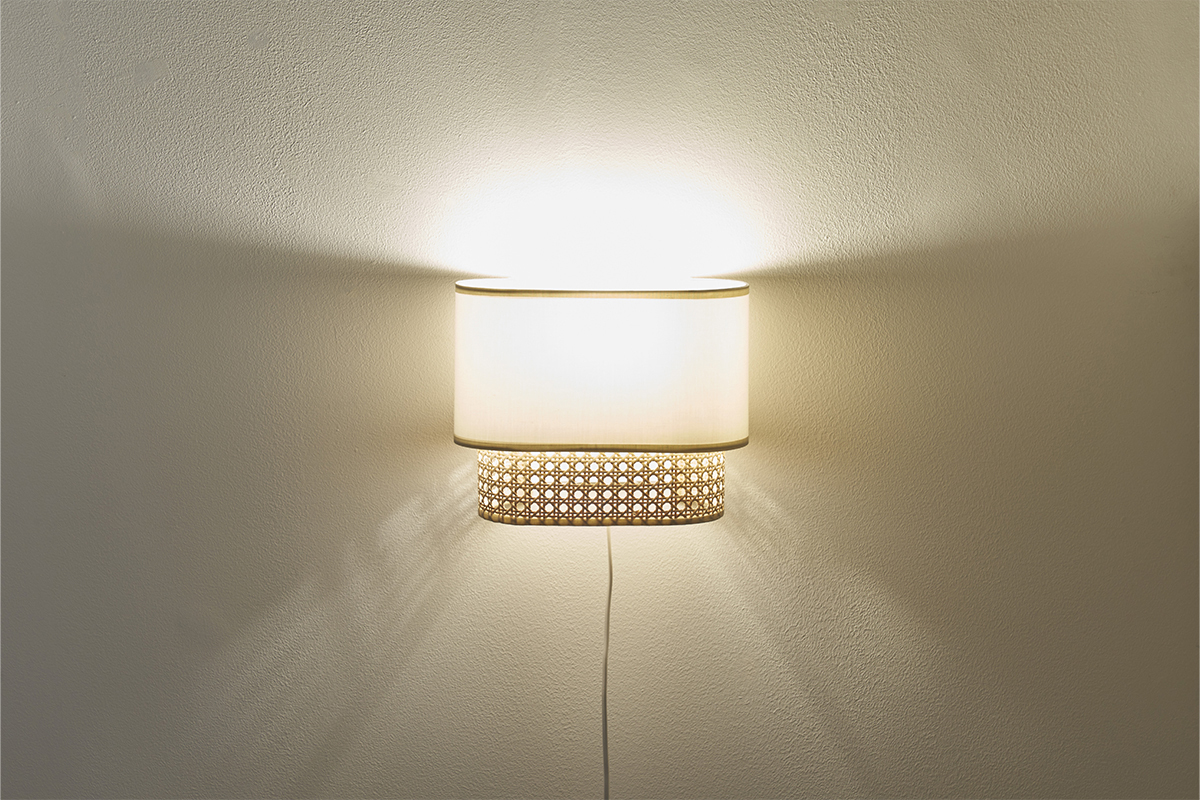 Applique a muro in tessuto bianco e motivo a intreccio in rattan naturale H20 cm TIWY