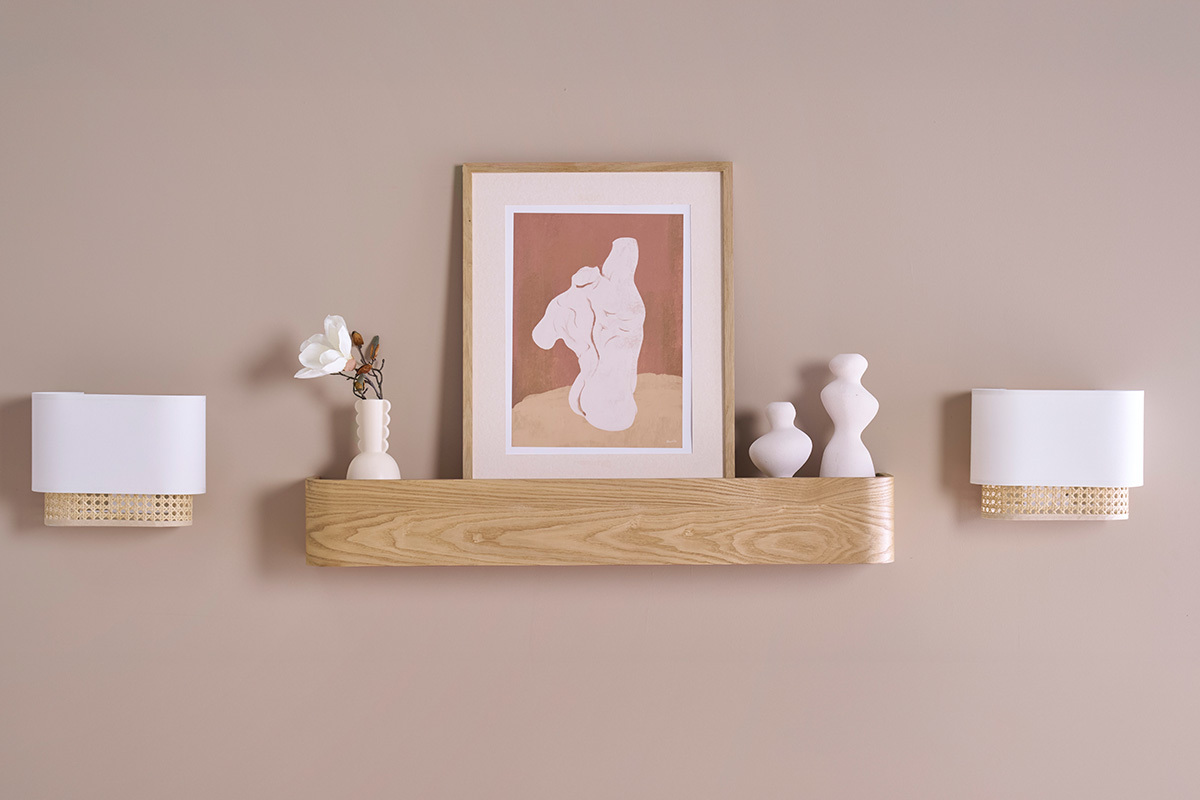 Applique a muro in tessuto bianco e motivo a intreccio in rattan naturale H20 cm TIWY
