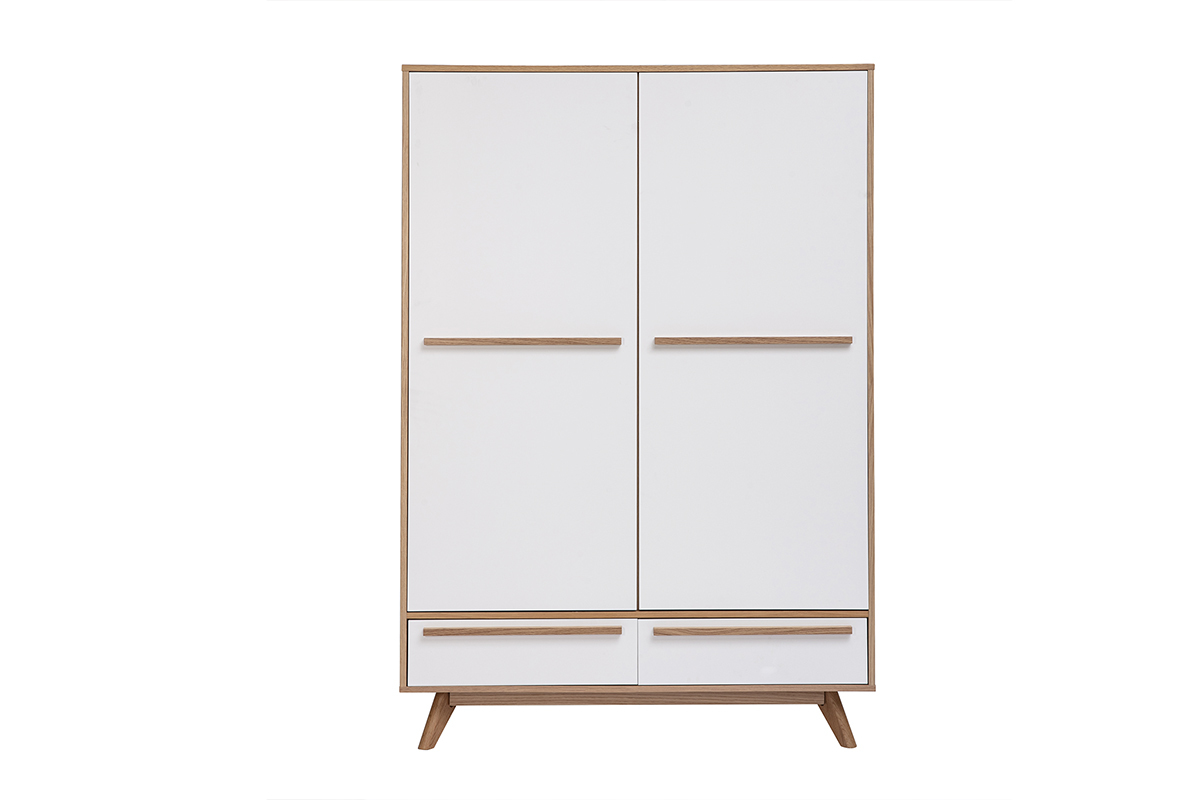 Armadio HELIA design scandinavo legno chiaro e bianco opaco, vista frontale.
