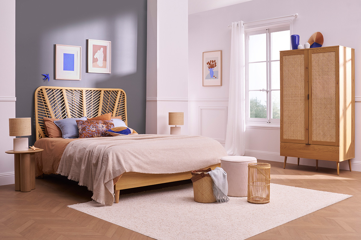 Armadio in legno chiaro, intreccio di rattan e metallo nero H190 cm MANILLE