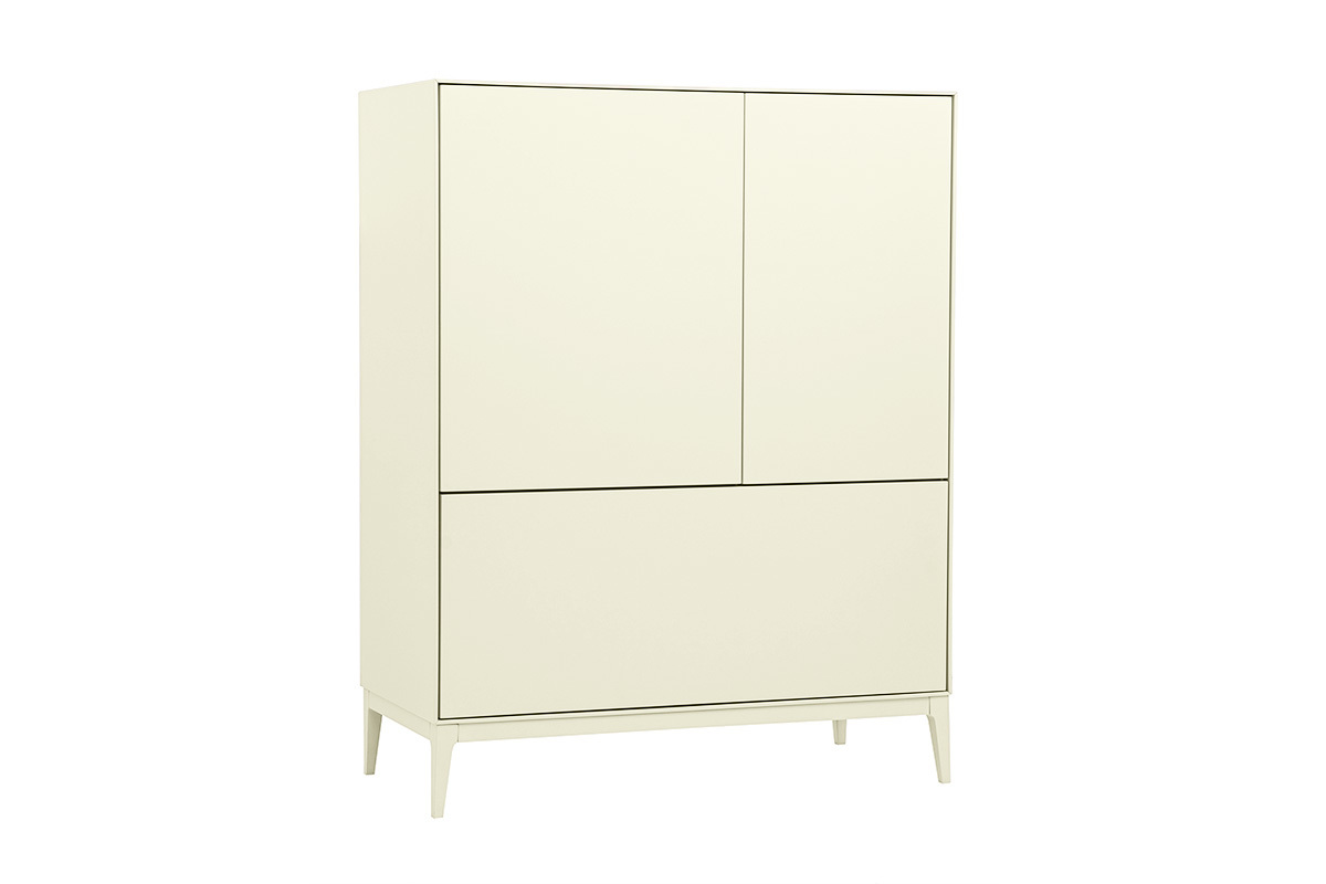 Buffet alto beige opaco 2 porte 1 cassetto, vista da 3/4, su piedi sottili.
