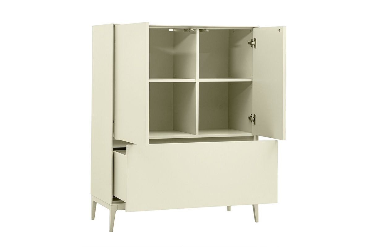 Buffet alto beige opaco, ante e cassetto aperti, vista 3/4.