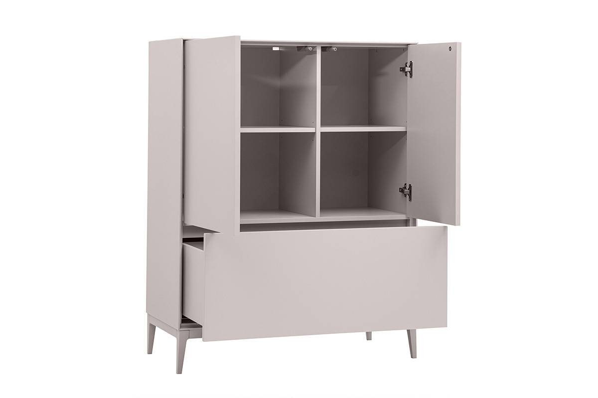 Credenza alta beige laccata opaca con 2 porte e 1 cassetto aperto, vista a 3/4