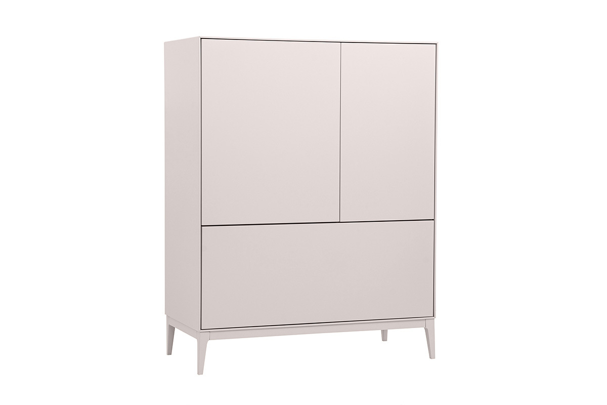 Credenza alta beige laccata opaca 2 porte e 1 cassetto, vista a 3/4