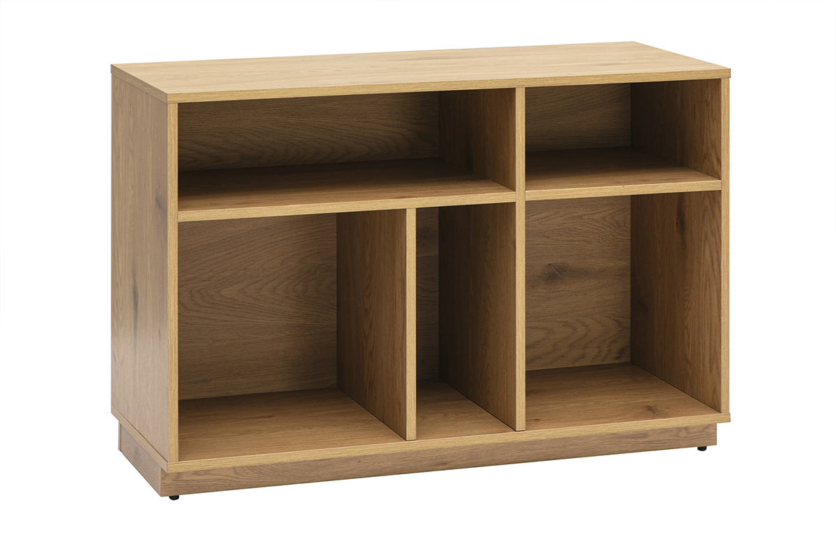 Buffet aperto in quercia chiara con contenitori, vista da 3/4.