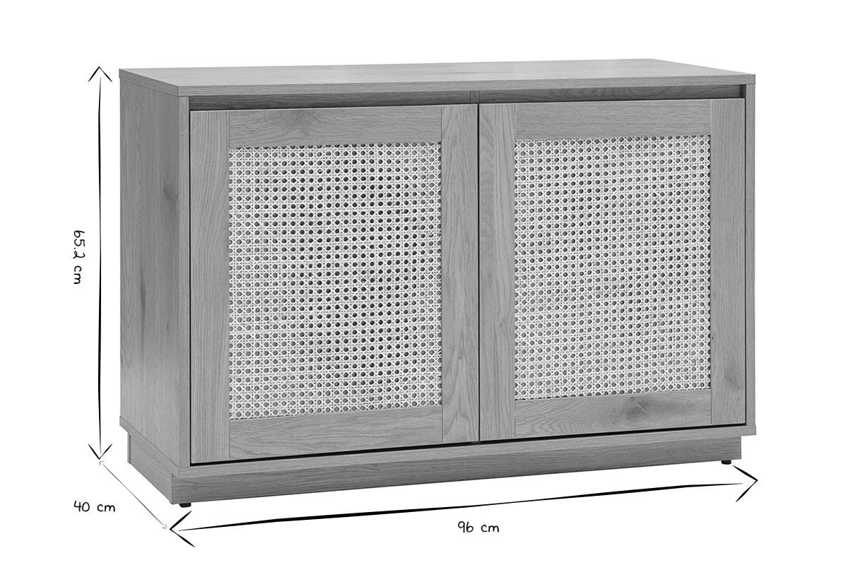 Credenza bassa SEVILLE in quercia e canna di rattan, dimensioni 96x40x65,2 cm, in nero e bianco.