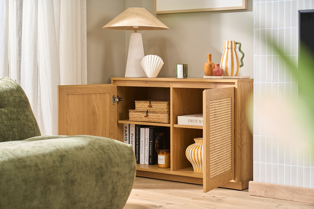 Buffet basso finitura legno chiaro quercia e intreccio di rattan L96 cm SEVILLE