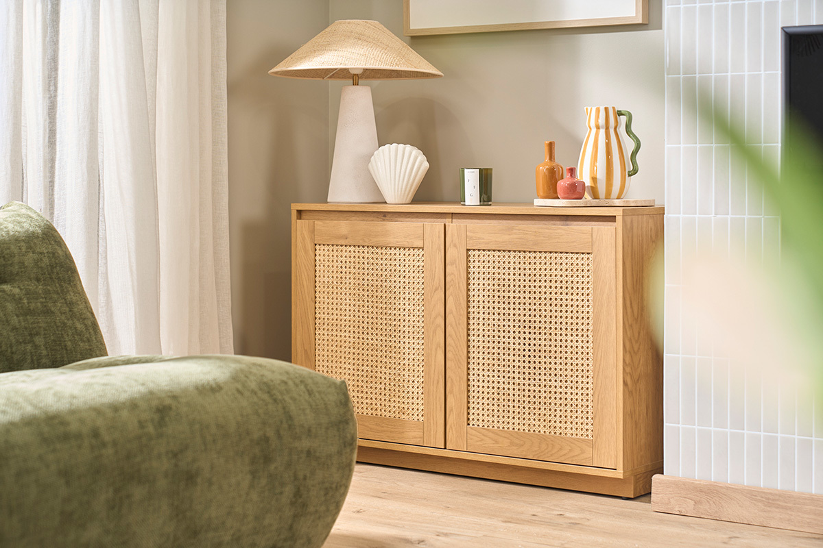 Buffet basso finitura legno chiaro quercia e intreccio di rattan L96 cm SEVILLE
