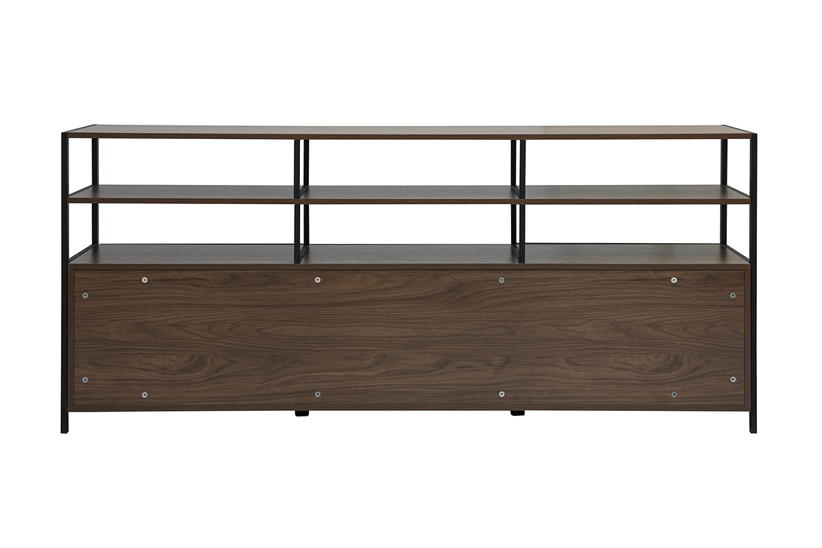 Buffet basso color legno scuro noce e metallo nero con tre ripiani aperti, vista da dietro.