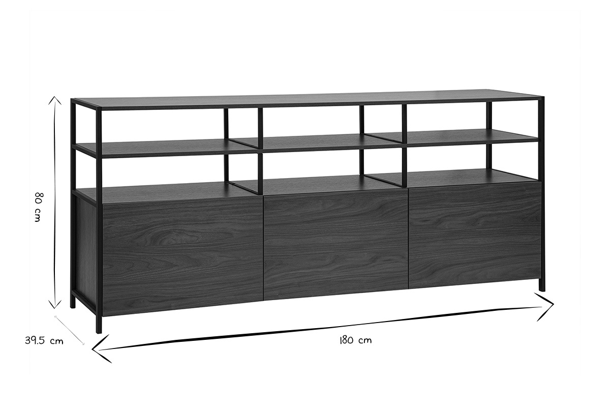 Dimensioni del buffet basso MAXENCE in nero e bianco: L180 cm, H80 cm, P39,5 cm.