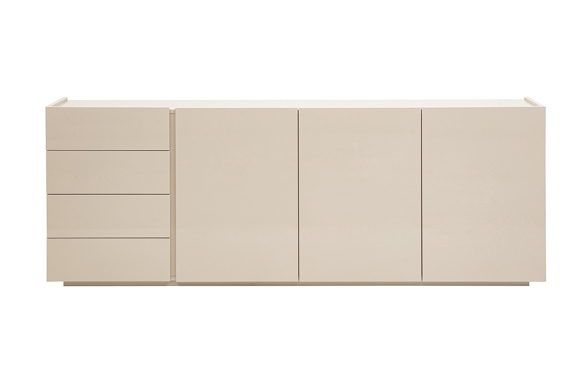 Buffett beige lucido con 3 ante e 4 cassetti, vista frontale.