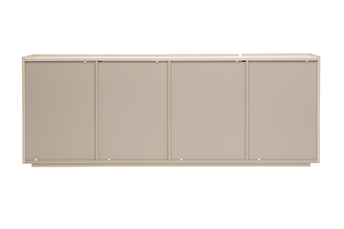 Buffet beige lucido a 3 porte e 4 cassetti vista da dietro, design moderno.