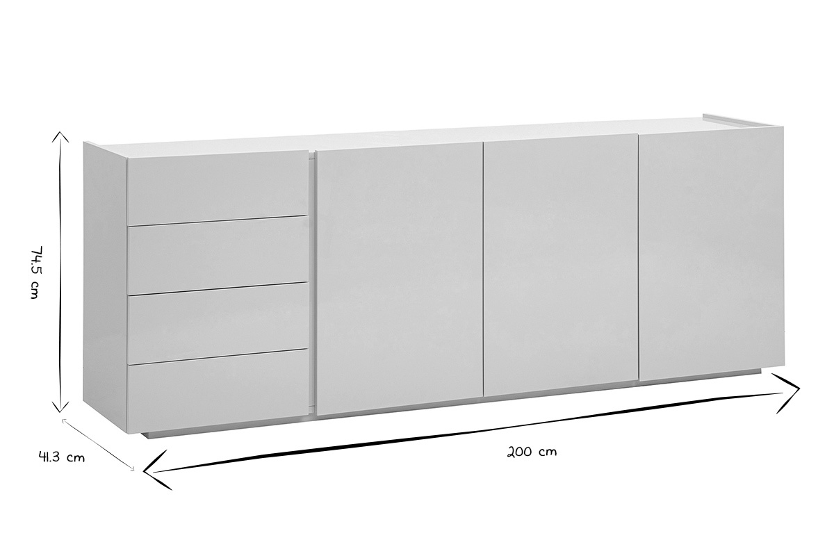 Buffetto 3 porte, 4 cassetti, dimensioni L200 x P41,3 x H74,5 cm, in nero e bianco.