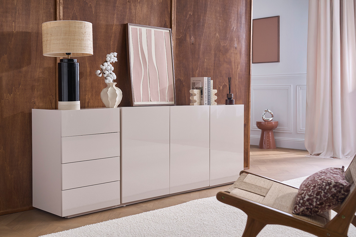 Buffet beige lucido 3 porte 4 cassetti L200 cm ISAURE