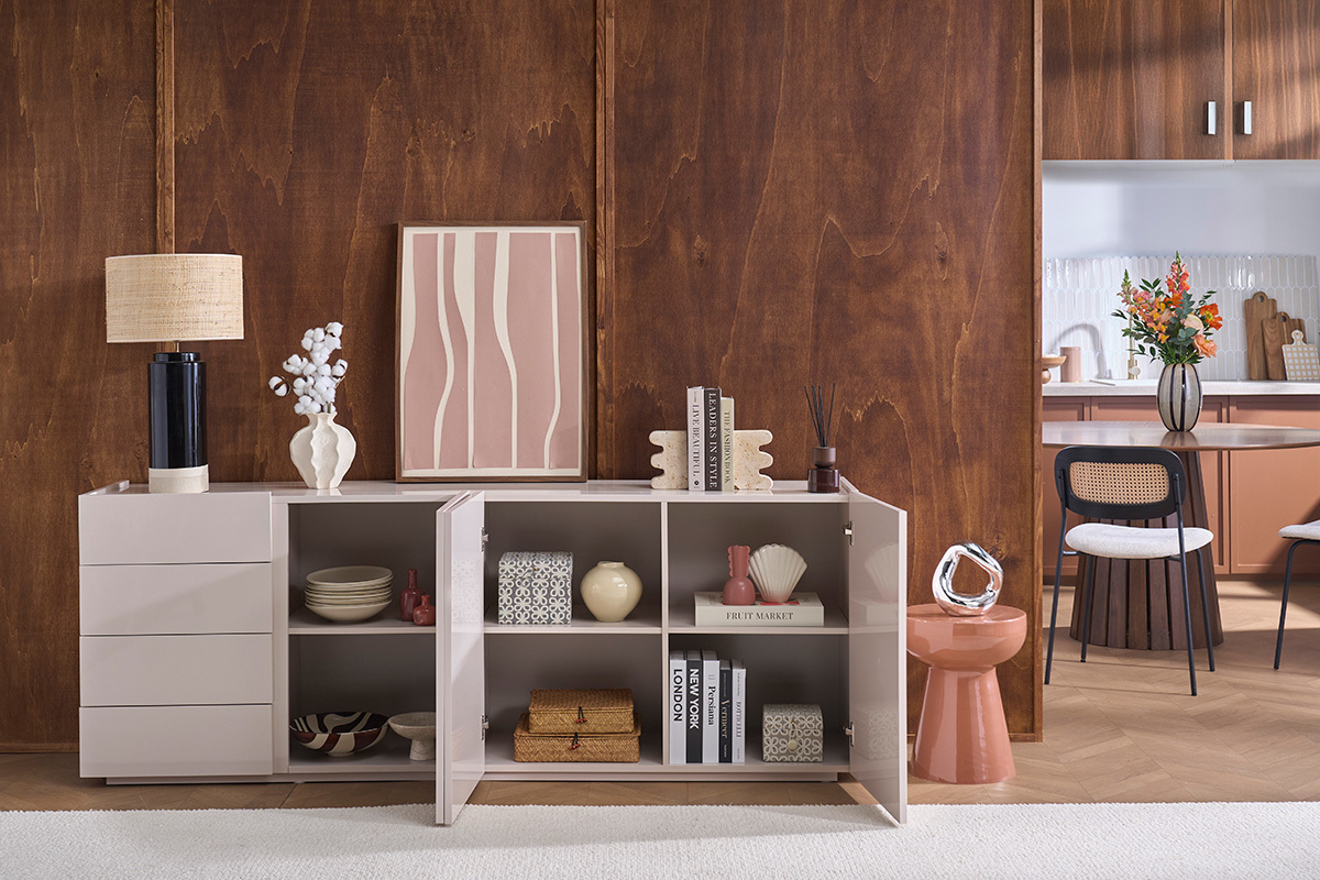 Buffet beige lucido 3 porte 4 cassetti L200 cm ISAURE