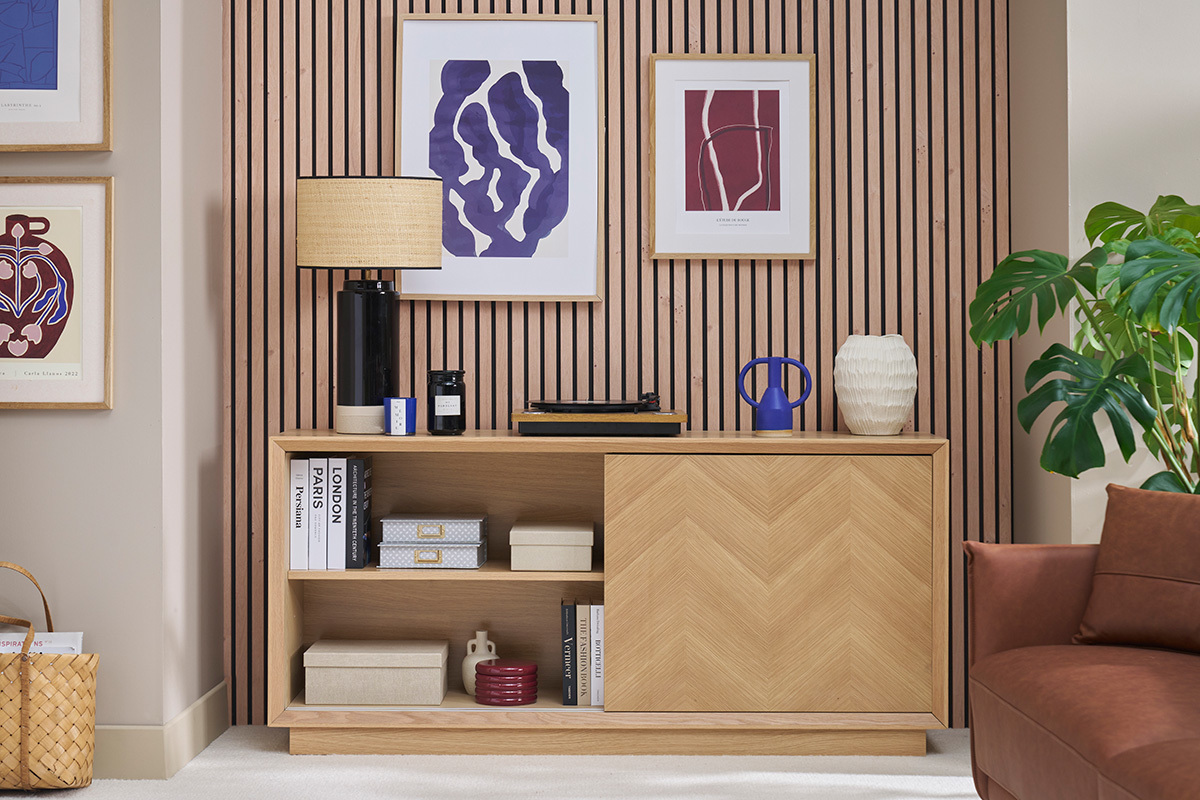 Buffet con motivi a spina di pesce in legno chiaro di rovere L160 cm ARROW