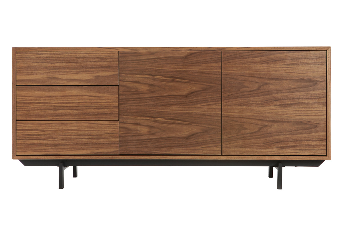 Buffet vintage in legno scuro con 2 porte e 3 cassetti su piedi metallici, vista frontale.