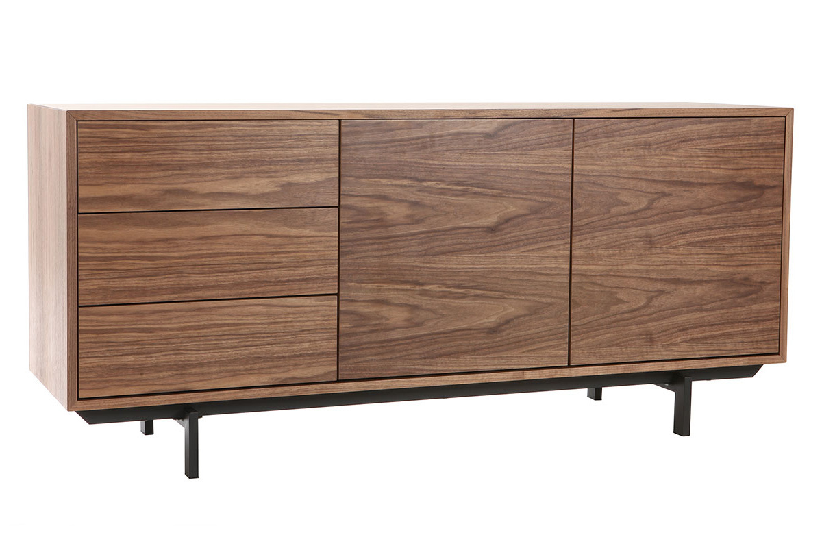 Buffet vintage in noce scuro con 2 porte e 3 cassetti, vista da 3/4.