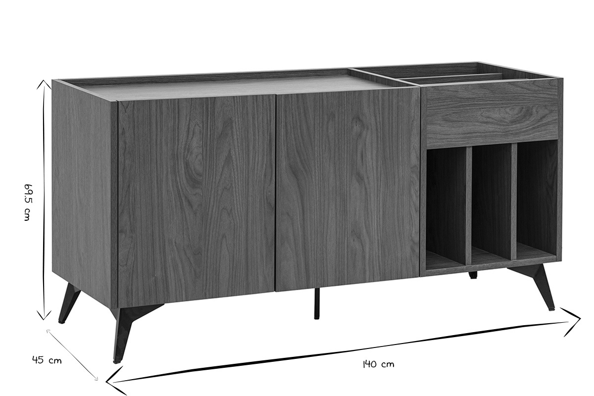 Buffet per vinili in legno scuro con dimensioni L140 x P45 x H69,5 cm in bianco e nero, vista frontale.