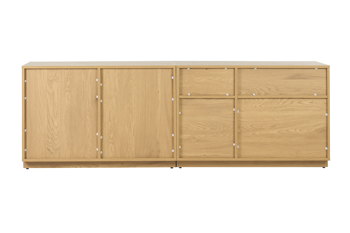 Buffett legno chiaro quercia con intreccio in rattan, due porte, vista da dietro.