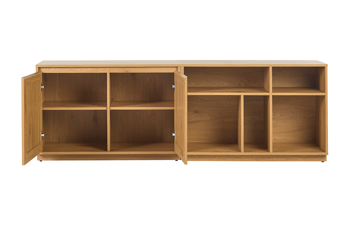 Buffet SEVILLE in legno chiaro di rovere, 2 porte aperte, 5 nicchie visibili, vista frontale.