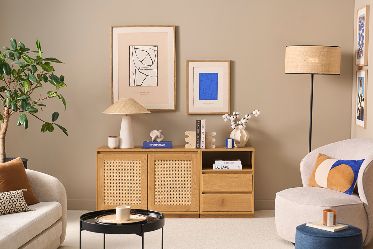 Buffet finitura legno chiaro quercia e intreccio di rattan 2 porte 2 cassetti L146 cm SEVILLE