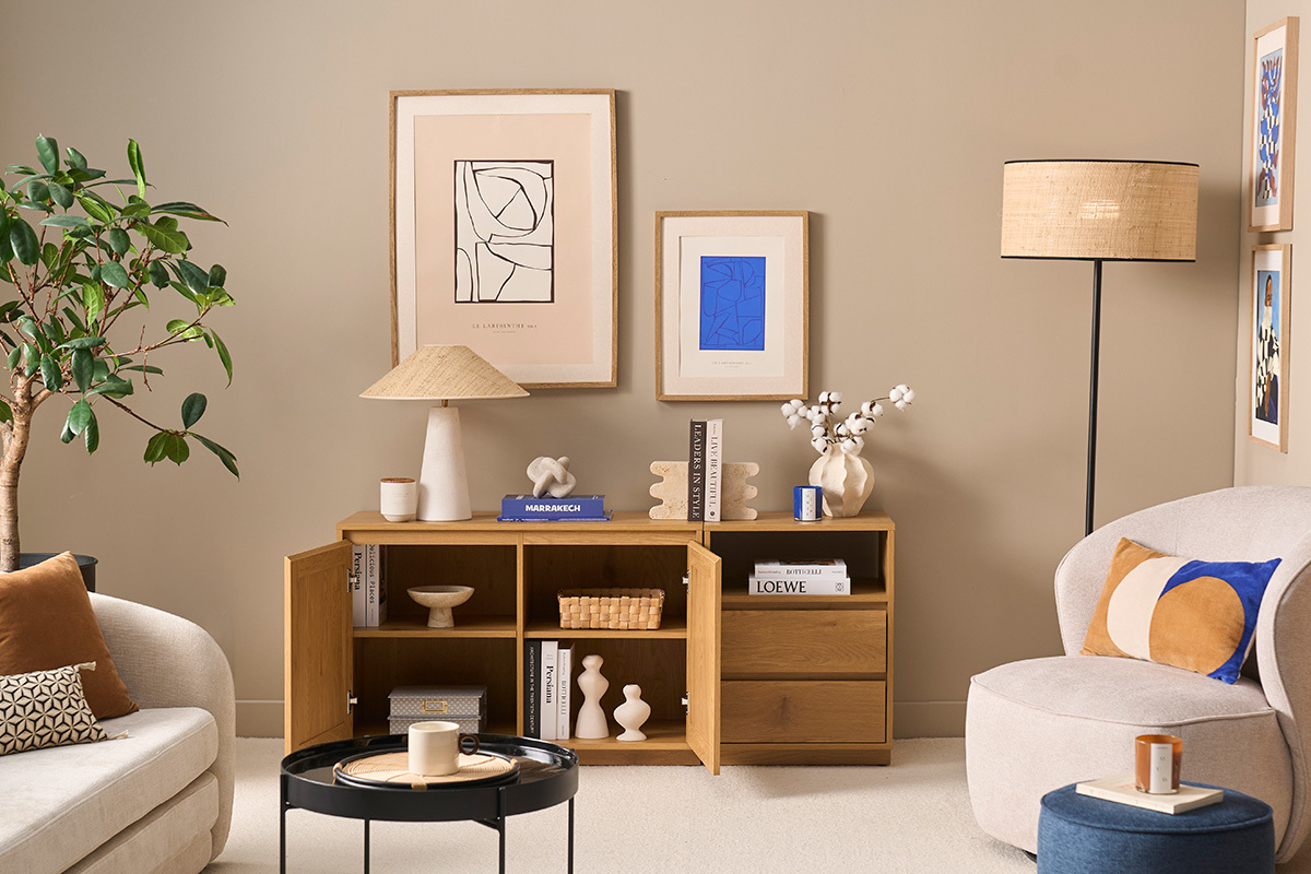 Buffet finitura legno chiaro quercia e intreccio di rattan 2 porte 2 cassetti L146 cm SEVILLE