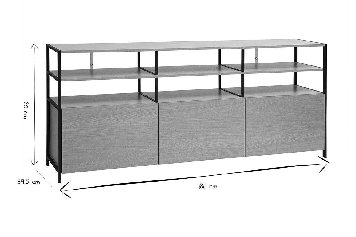 Vista frontale della credenza bassa MAXENCE con dimensioni 180x39,5x80 cm in nero e bianco.