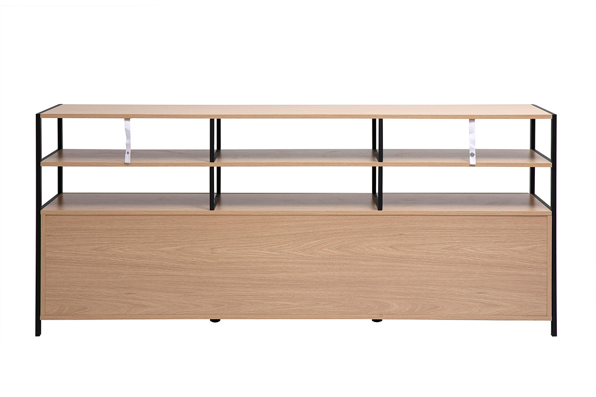 Buffet basso MAXENCE in legno chiaro e metallo nero, vista frontale con scaffali aperti.