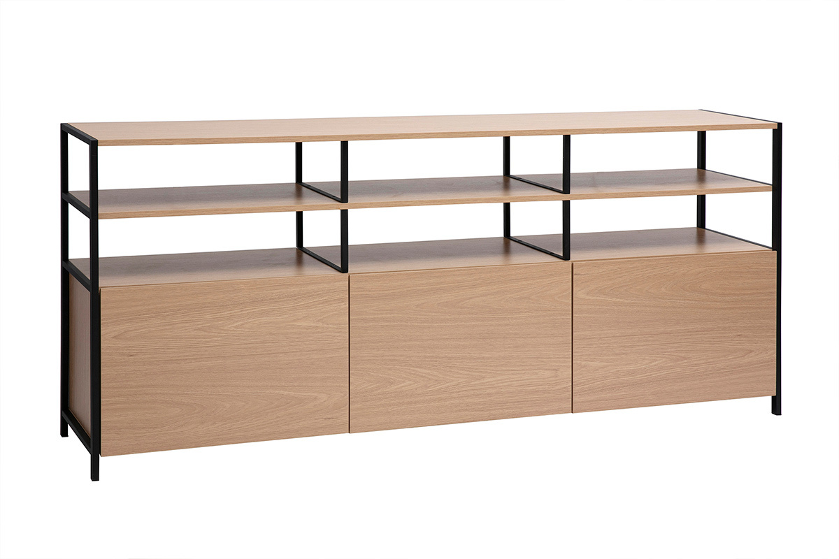 Buffettino in legno chiaro e metallo nero, vista laterale con scaffali aperti e tre scomparti chiusi.
