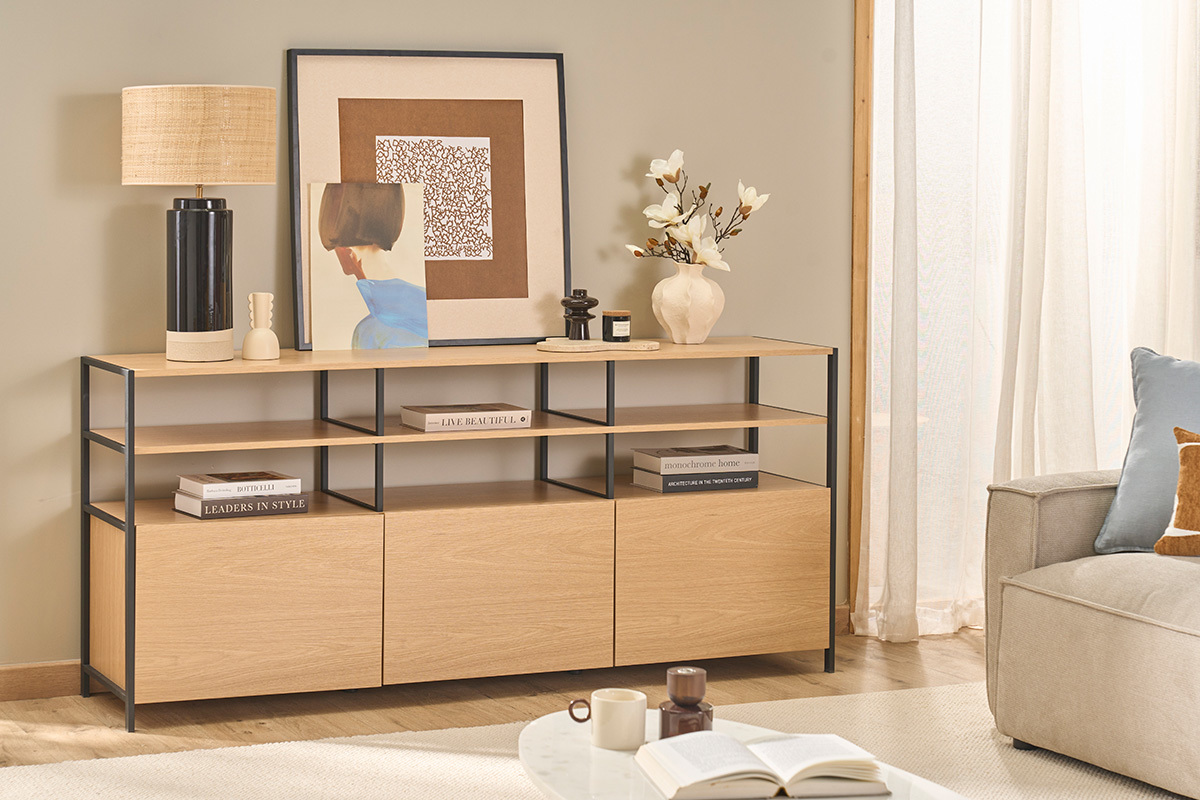 Buffet finitura legno chiaro quercia e metallo nero L180 cm MAXENCE