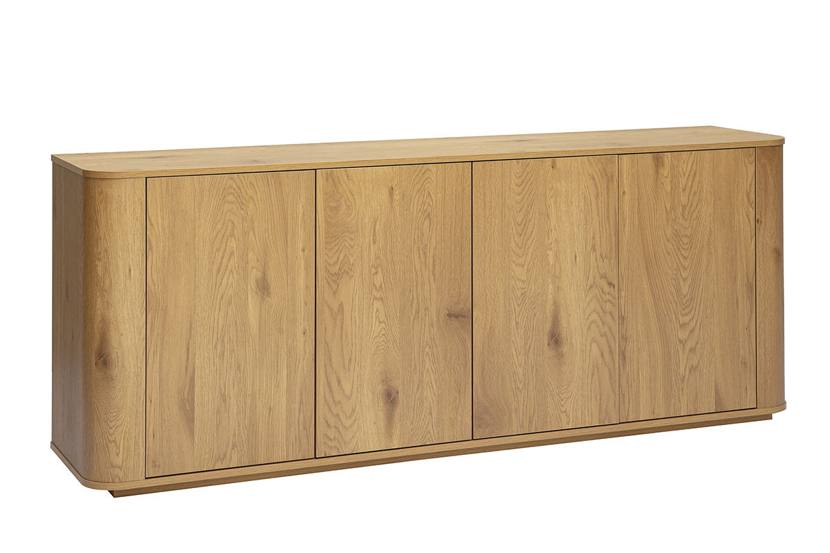 Buffet in legno chiaro di rovere con 4 ante, vista in prospettiva da 3/4, design moderno ed essenziale.