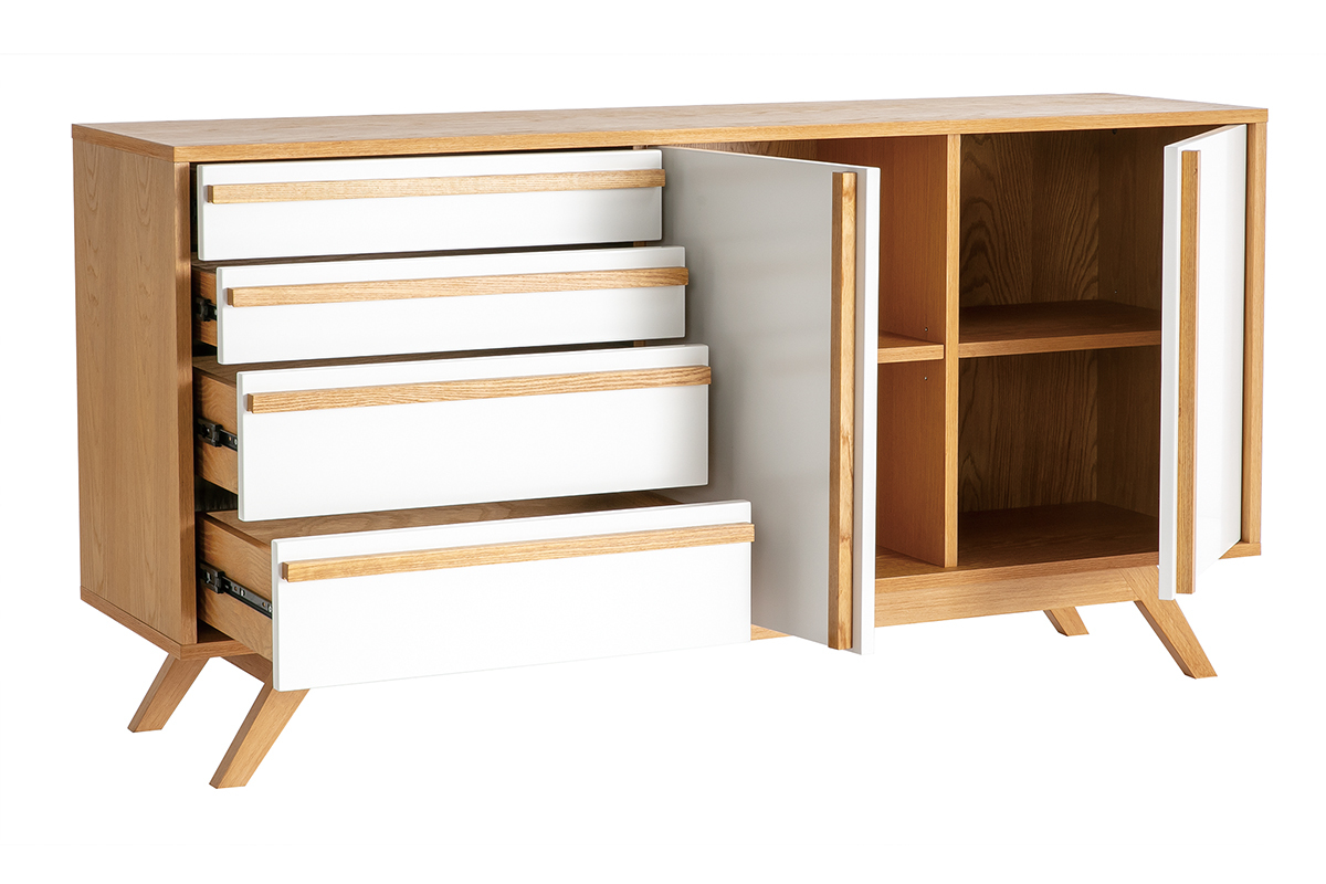 Buffet legno naturale e bianco 2 ante 4 cassetti HELIA