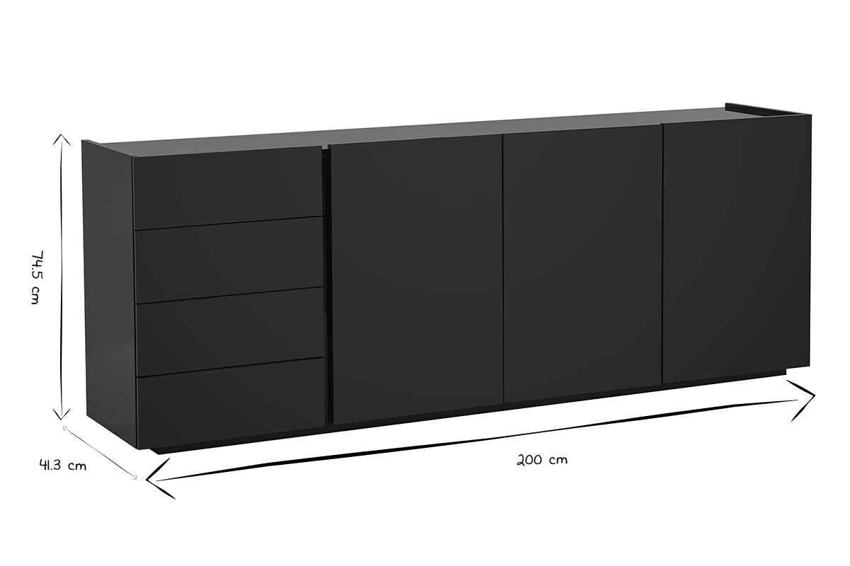 Buffet nero lucido ISAURE con dimensioni L200 x P41,3 x H74,5 cm in nero e bianco.