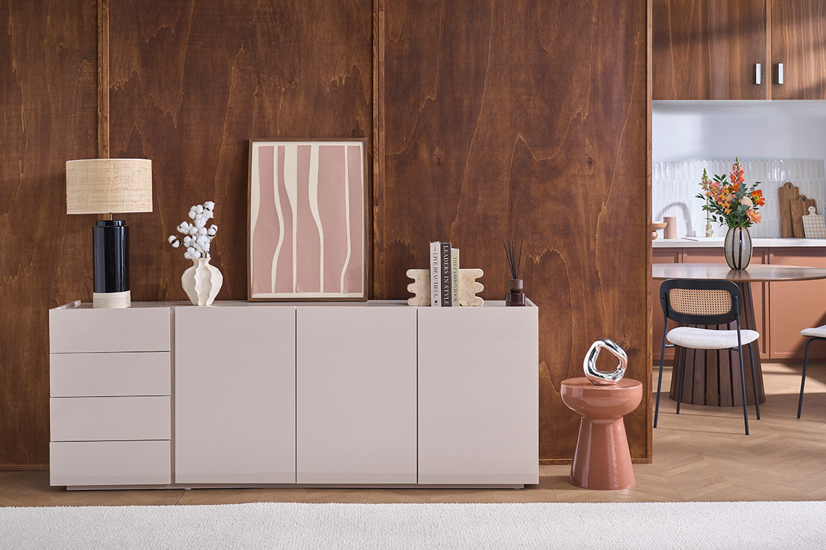 Buffet nero lucido 3 porte 4 cassetti L200 cm ISAURE
