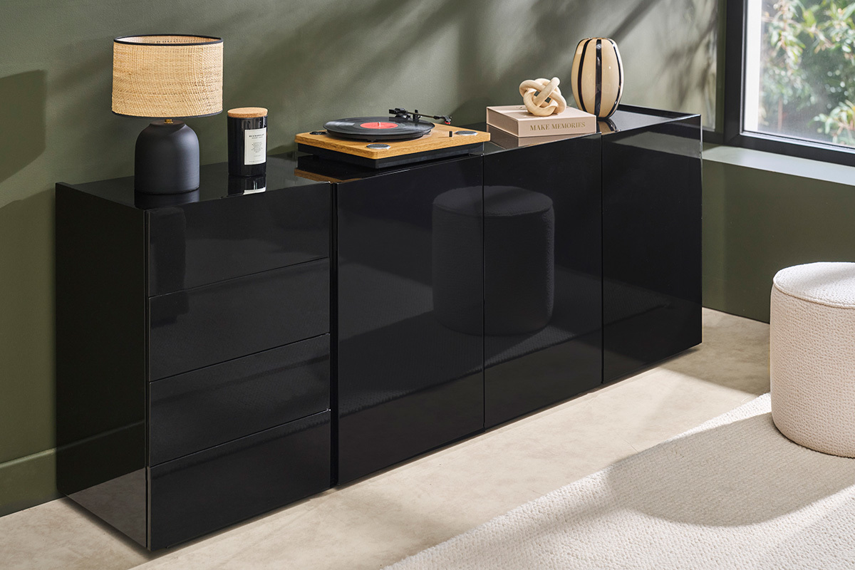Buffet nero lucido 3 porte 4 cassetti L200 cm ISAURE